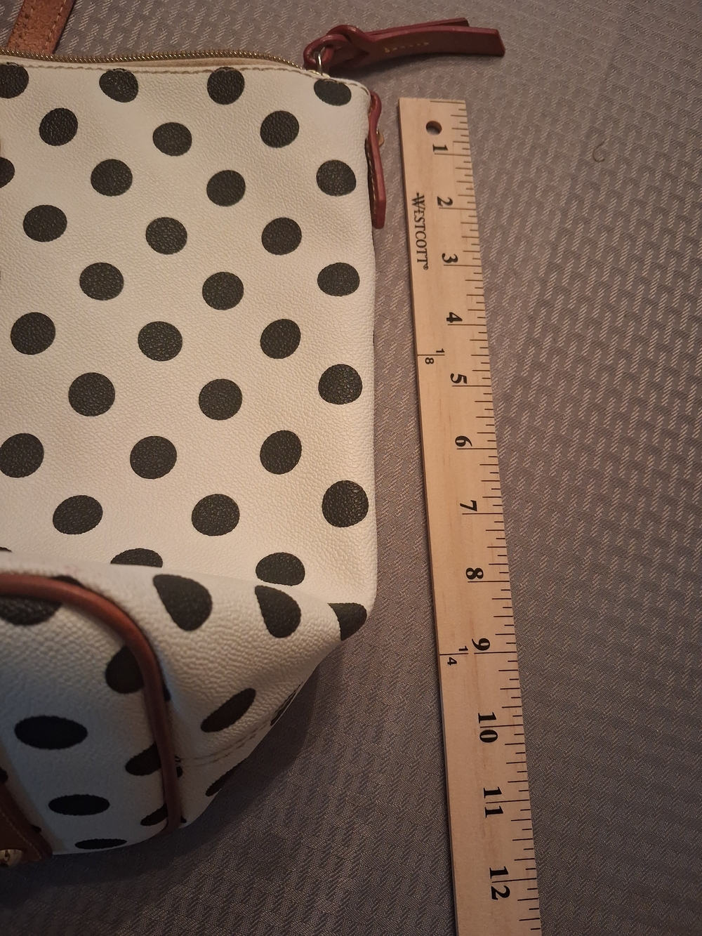 Dooney & Bourke Cream Tote with Black Polka Dots and Tan Leather Trim - Picture 6 of 12